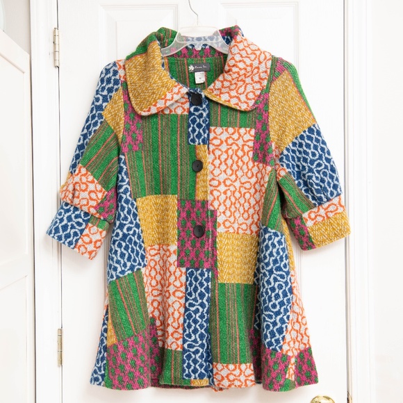 DAMEE INC Abstract Colorful Retro Geo Print Collar Jacket Sz M VTG Block Design - Picture 1 of 5